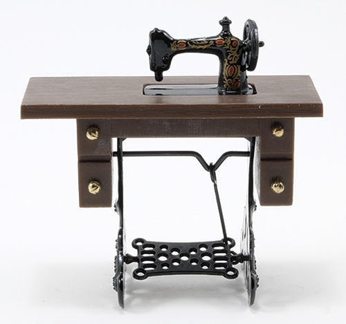 Dollhouse Miniature Sewing Machine on Walnut Stand, Resin and Metal